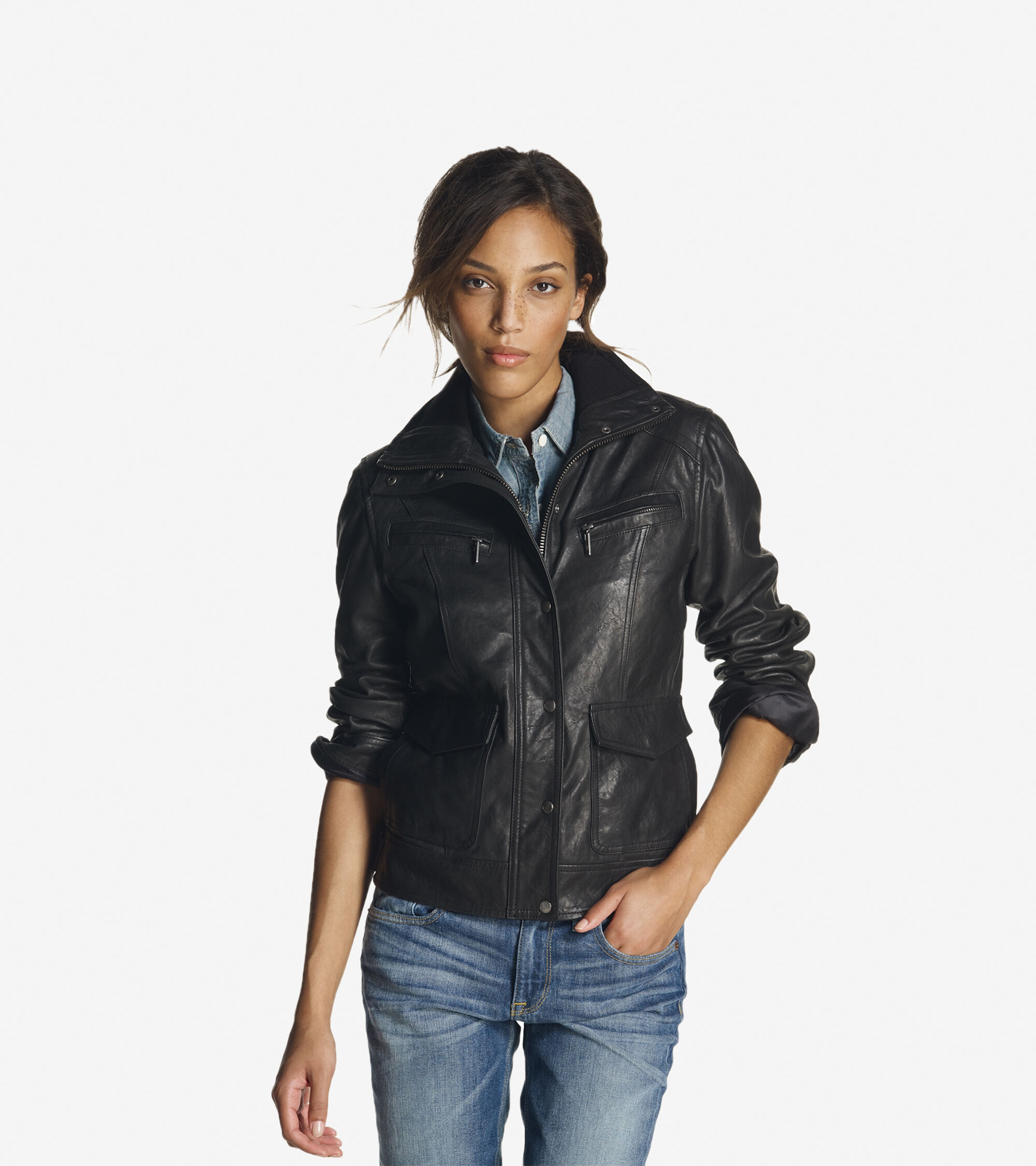 Womens Textured Leather Moto Jacket In Black Cole Haan Textured Leather Moto Jacket Colehaan