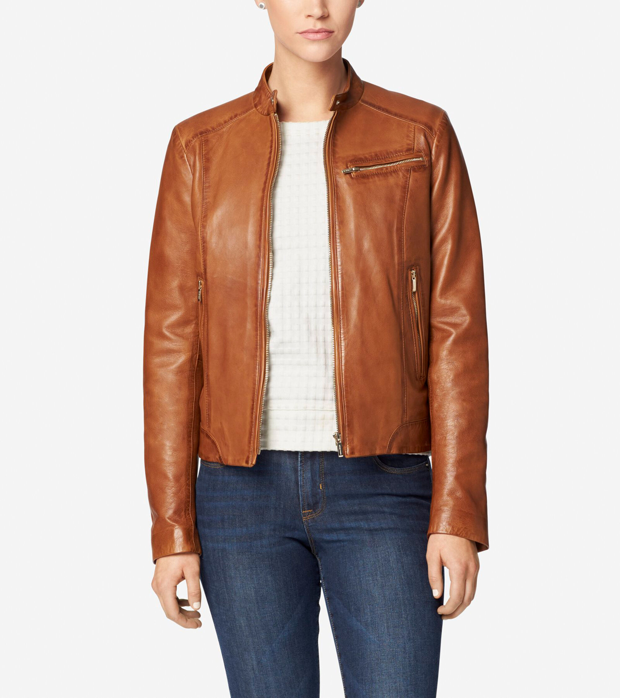 Women S Outerwear Cole Haan Burnished Lamb Leather Band Collar Moto Jacket