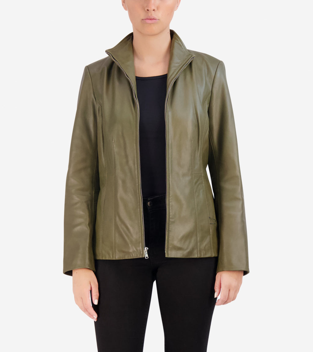 Women's Wing Collar Leather Jacket-Sage