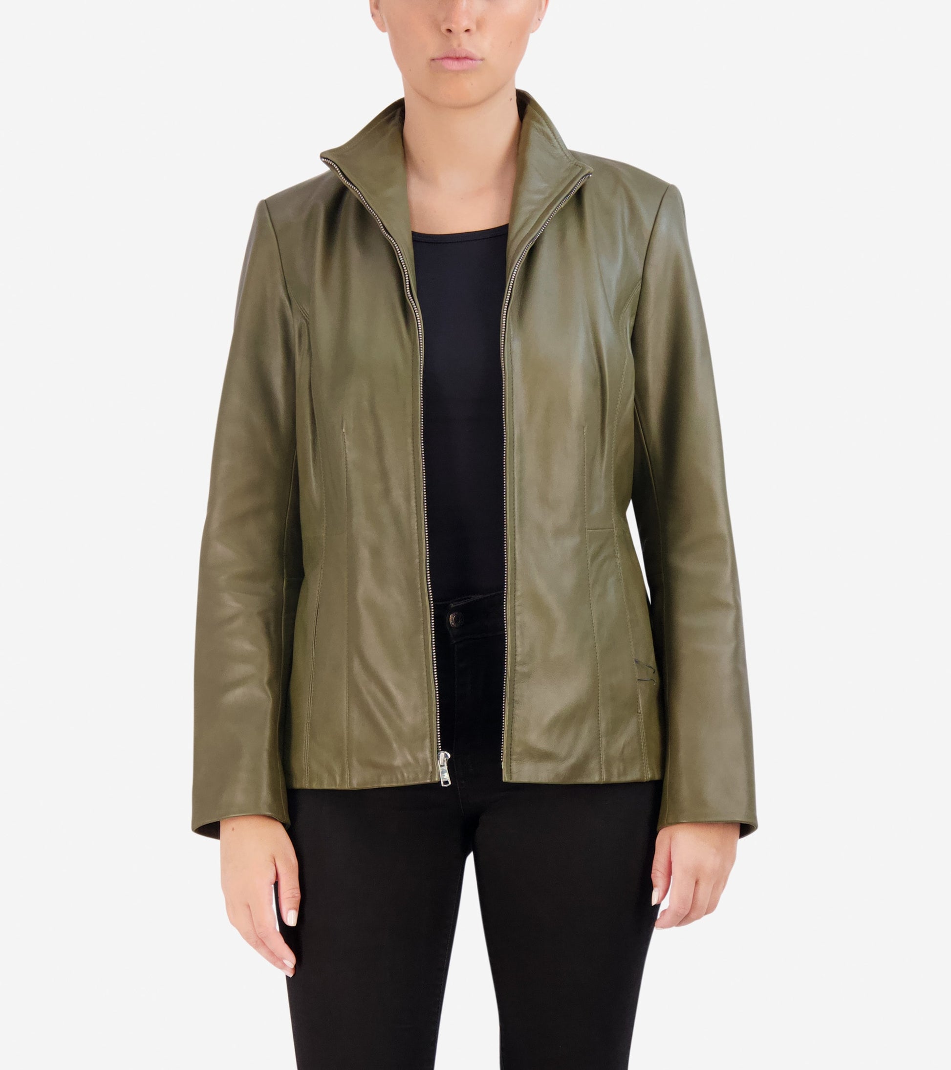 Women's Wing Collar Leather Jacket-Sage
