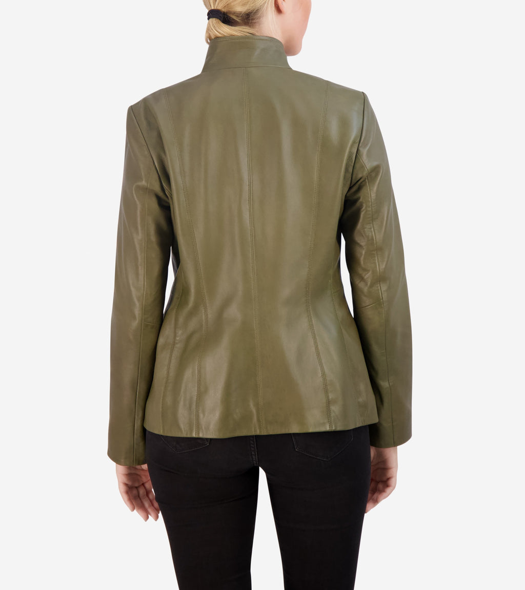Women's Wing Collar Leather Jacket-Sage