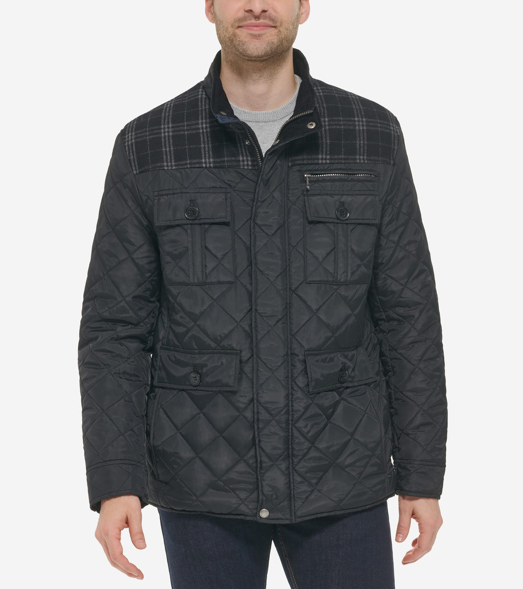 Men's Mix Media Diamond Quilted Jacket-Black