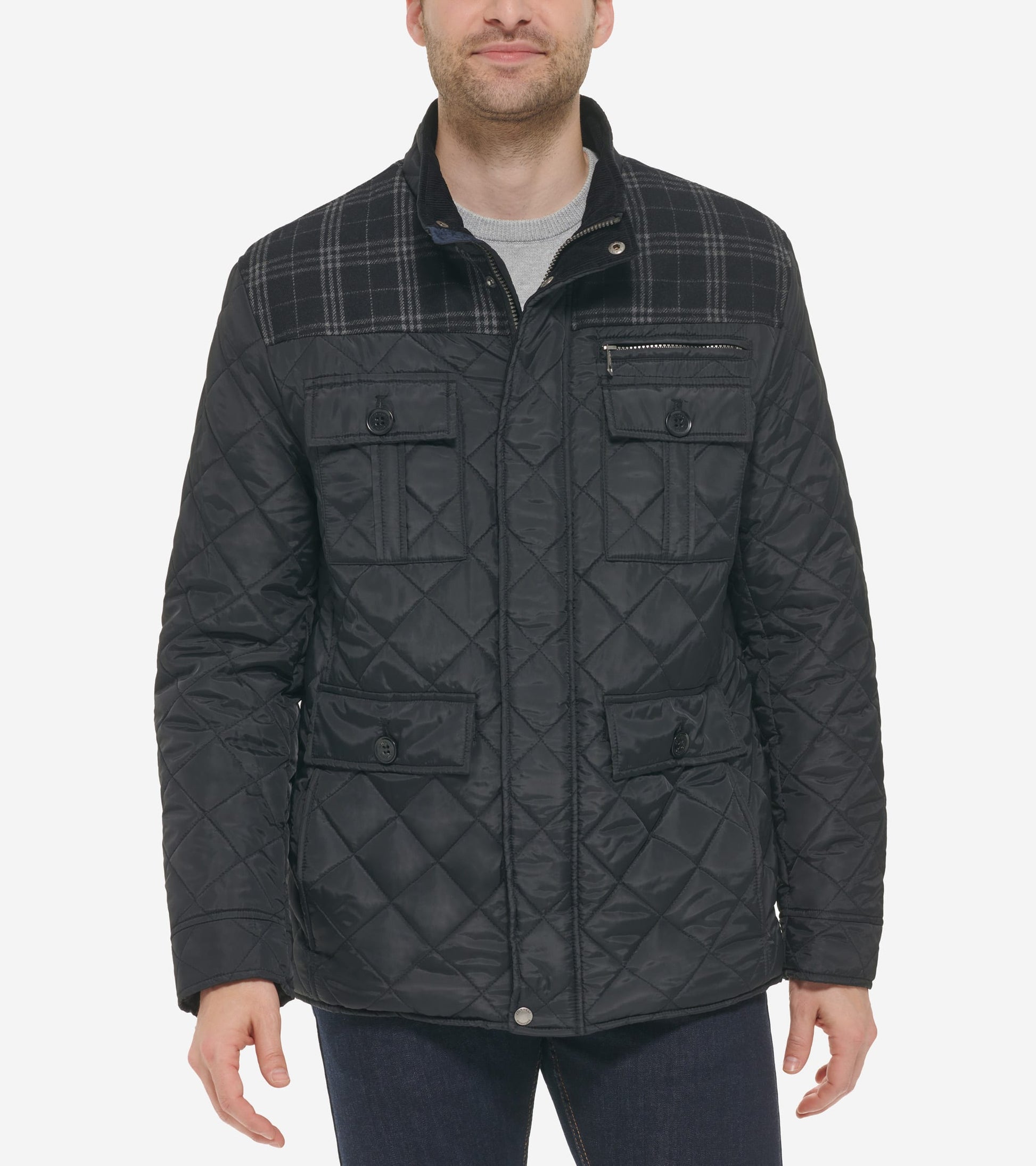 Men's Mix Media Diamond Quilted Jacket-Black