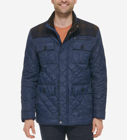 Men's Mix Media Diamond Quilted Jacket-Navy