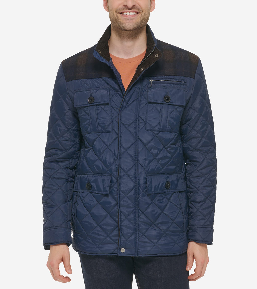 Men's Mix Media Diamond Quilted Jacket-Navy