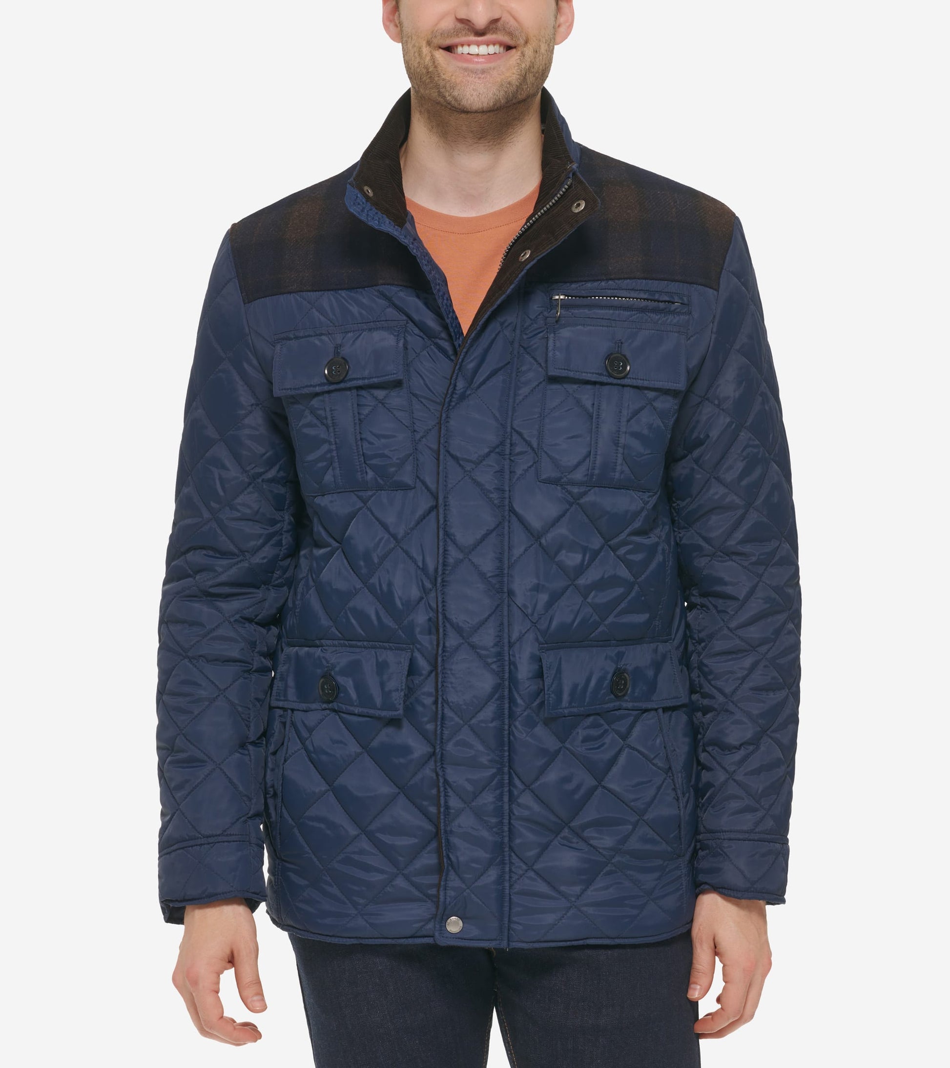 Men's Mix Media Diamond Quilted Jacket-Navy