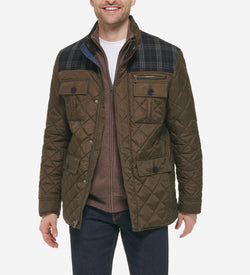 Men's Mix Media Diamond Quilted Jacket-Olive