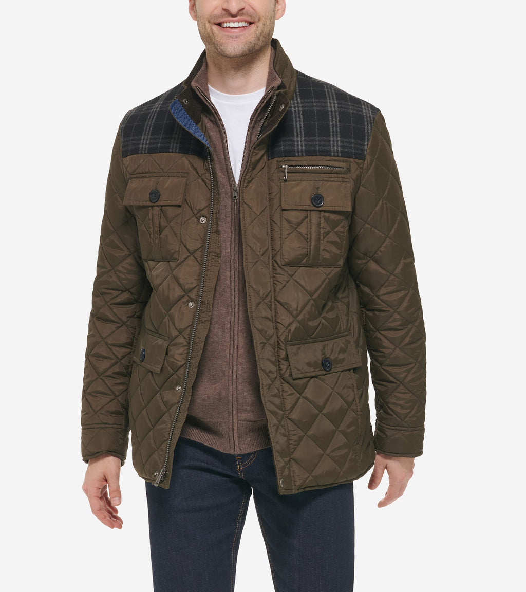 Men's Mix Media Diamond Quilted Jacket-Olive