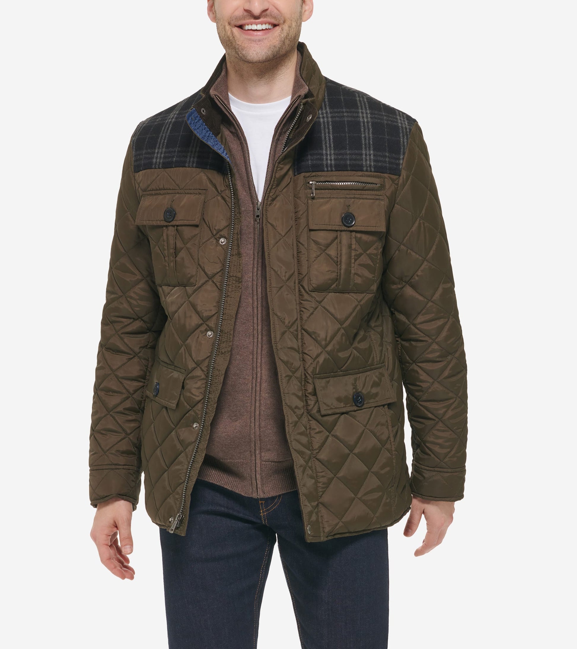 Men's Mix Media Diamond Quilted Jacket-Olive
