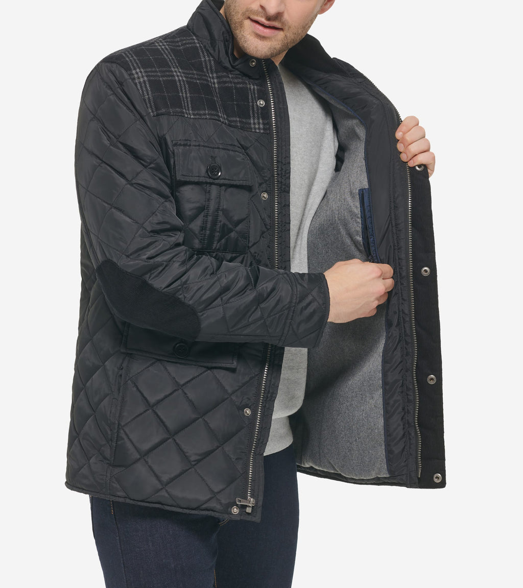 Men's Mix Media Diamond Quilted Jacket-Black