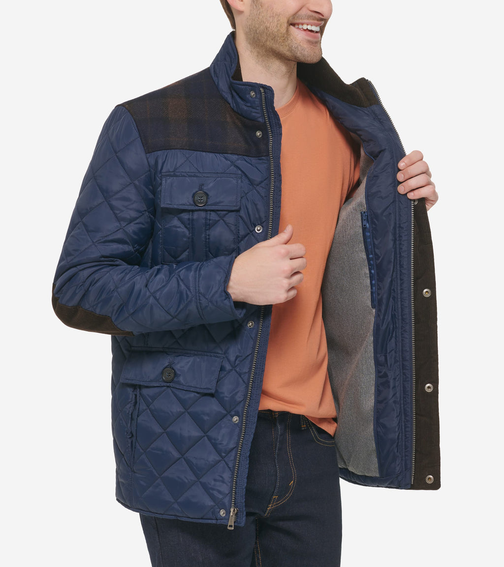 Men's Mix Media Diamond Quilted Jacket-Navy