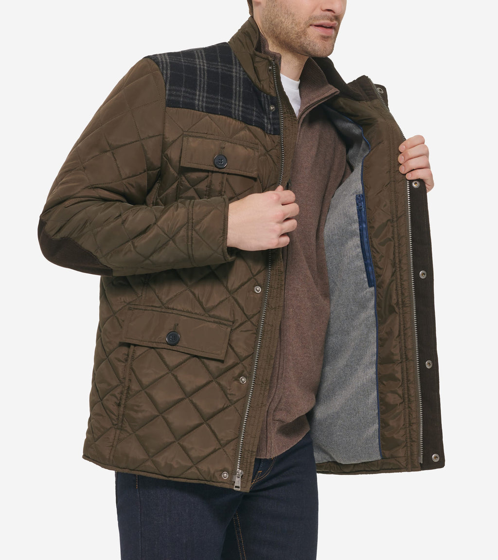 Men's Mix Media Diamond Quilted Jacket-Olive