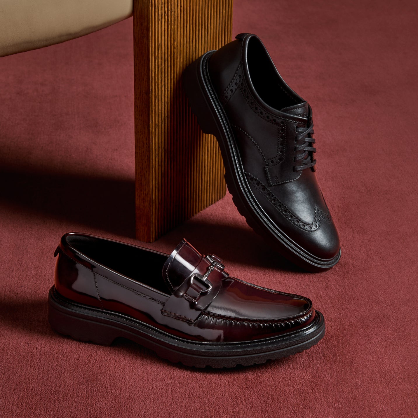Black oxfords and red loafers