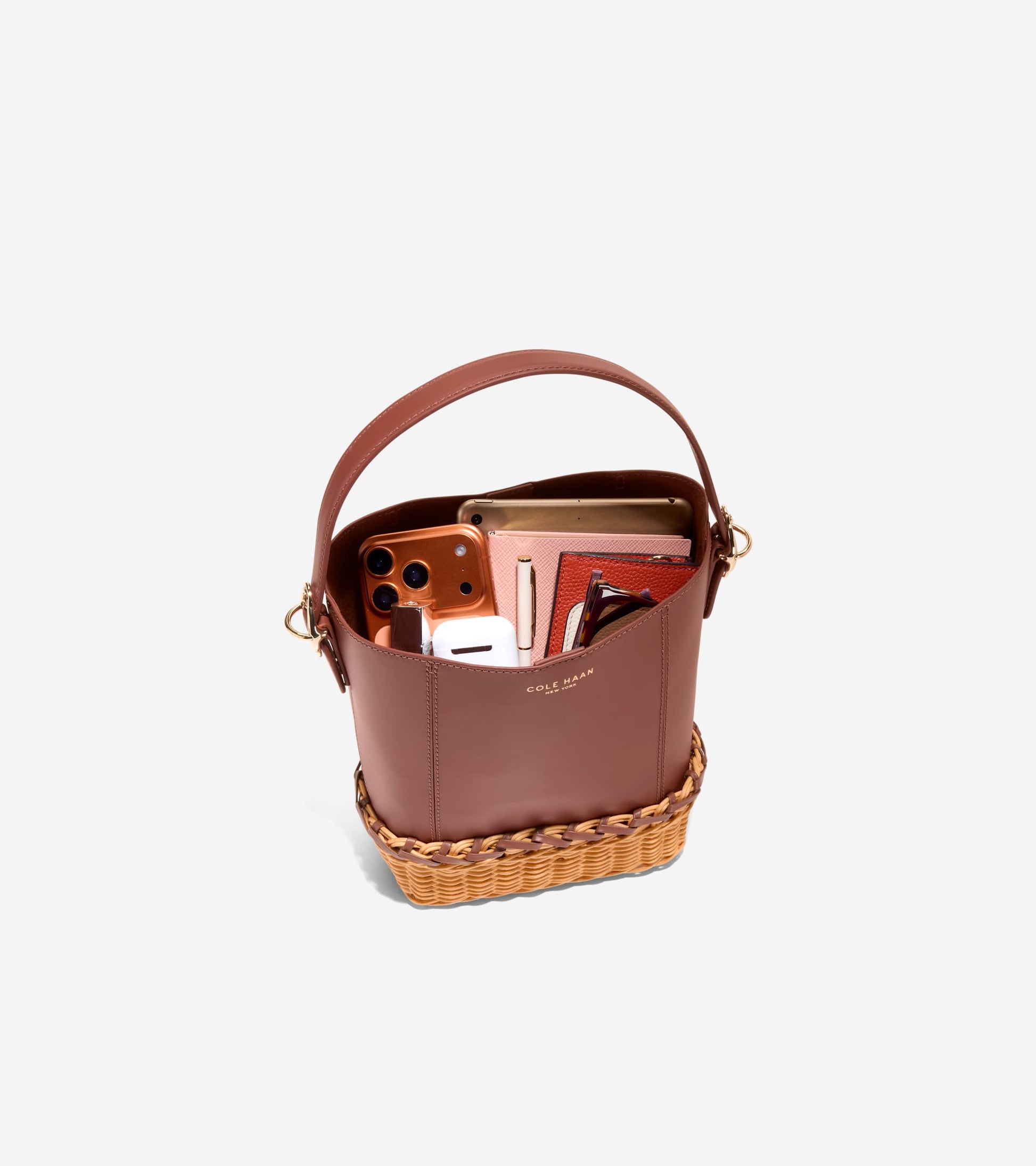 Women's Alexandria Small Bucket Crossbody Bag-Dark Cuoio Wicker