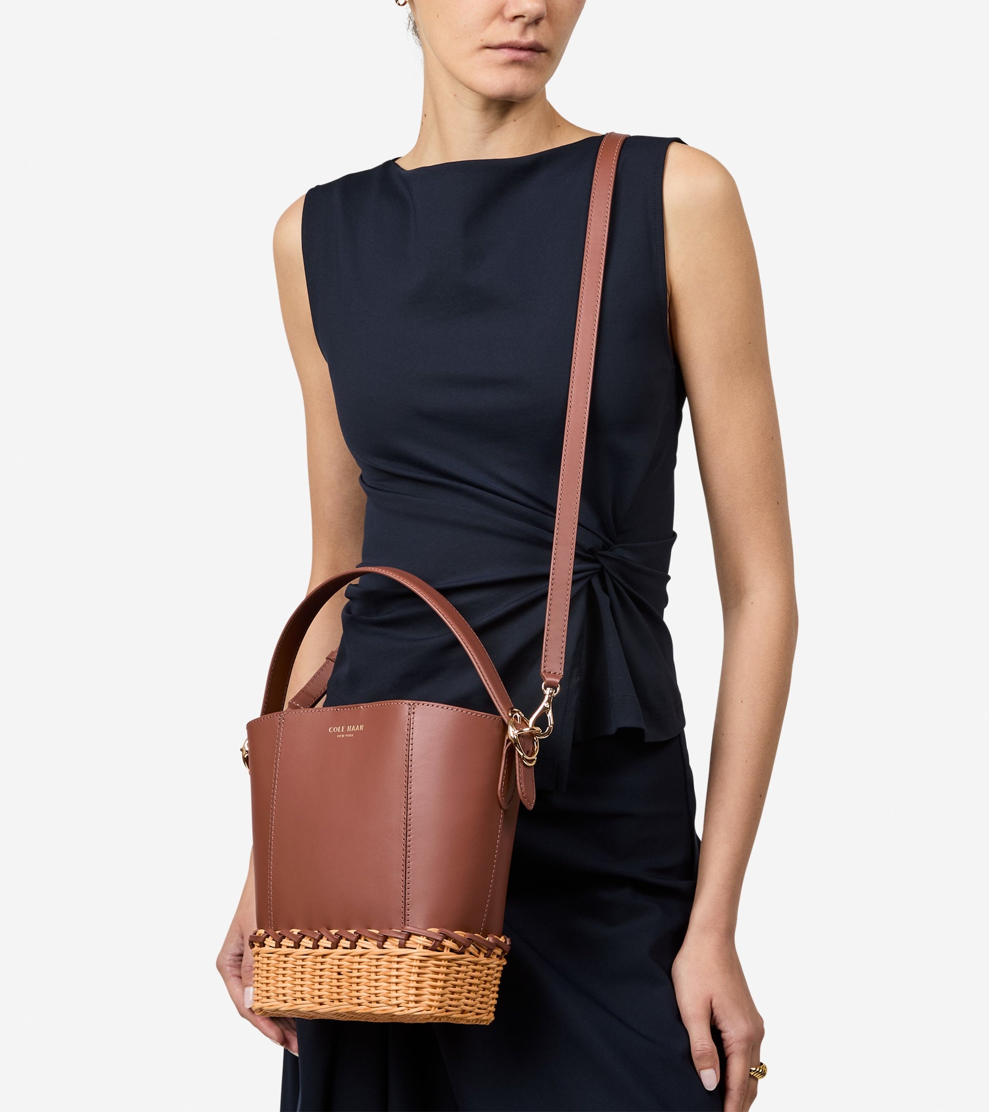 Women's Alexandria Small Bucket Crossbody Bag-Dark Cuoio Wicker