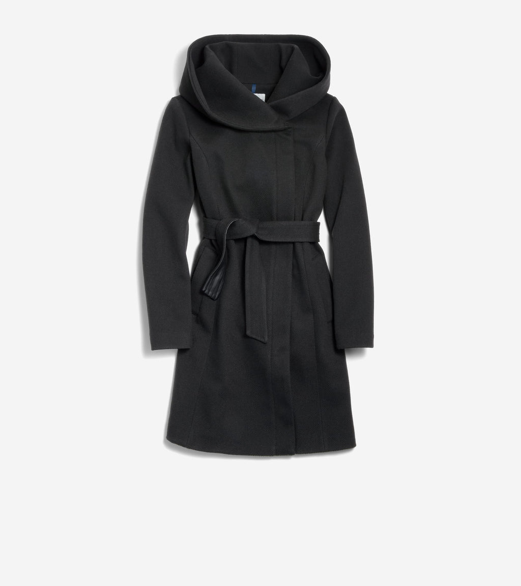 Women's Belted Asymmetrical Zip Front Twill Coat-Black