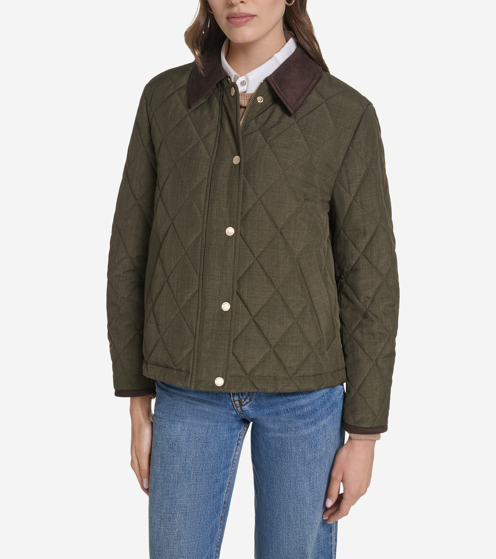 Women's Cross-Hatch Quilt Cropped Jacket-Military Green