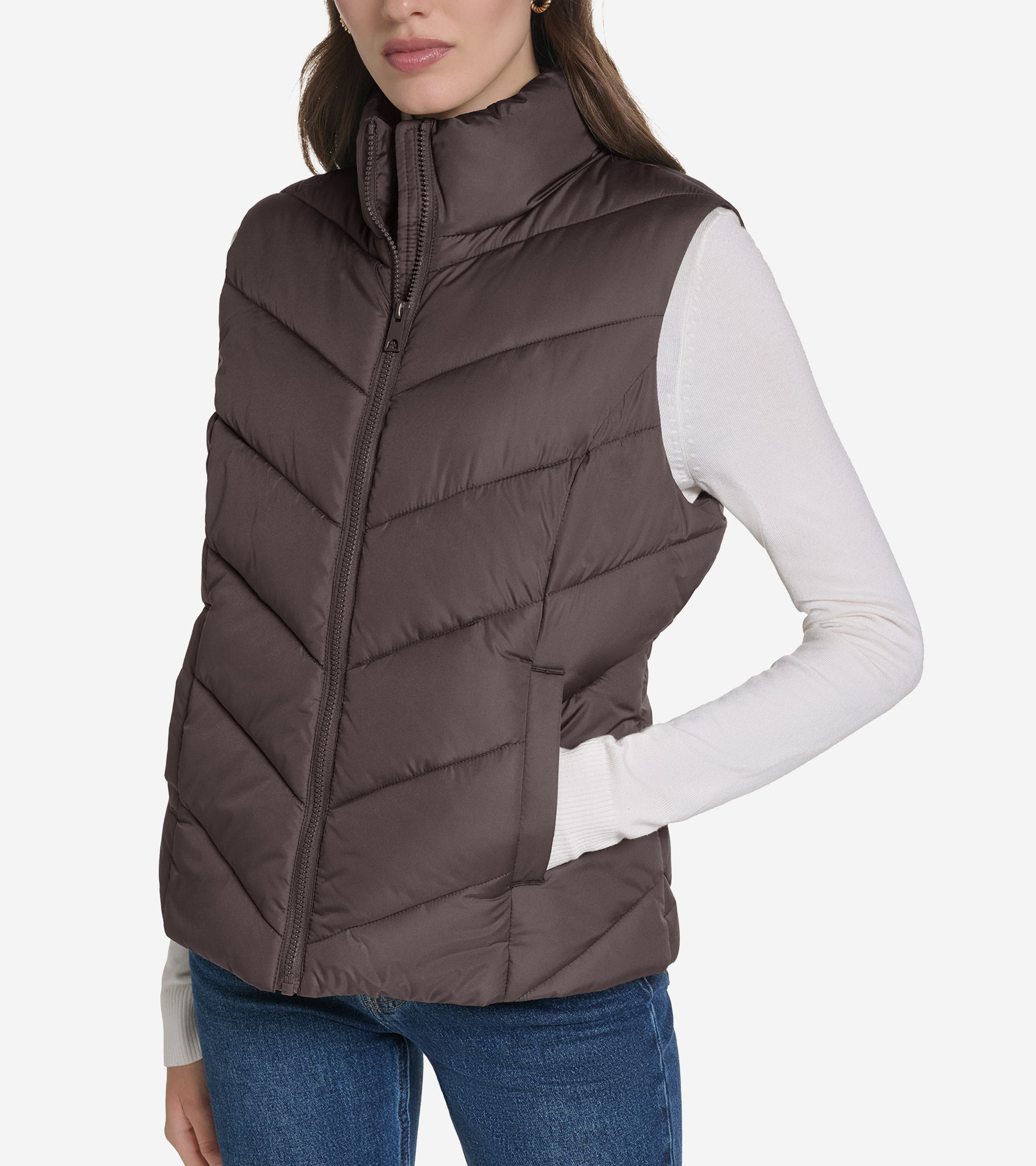 Women's Chevron Zip Front Vest-Chocolate