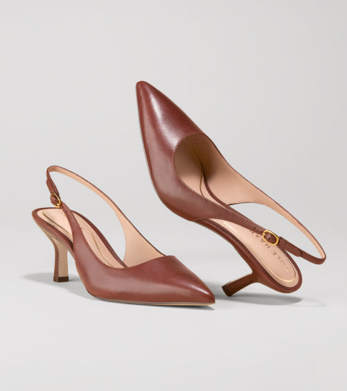Pair of brown high-heeled slingback shoes on a light gray background