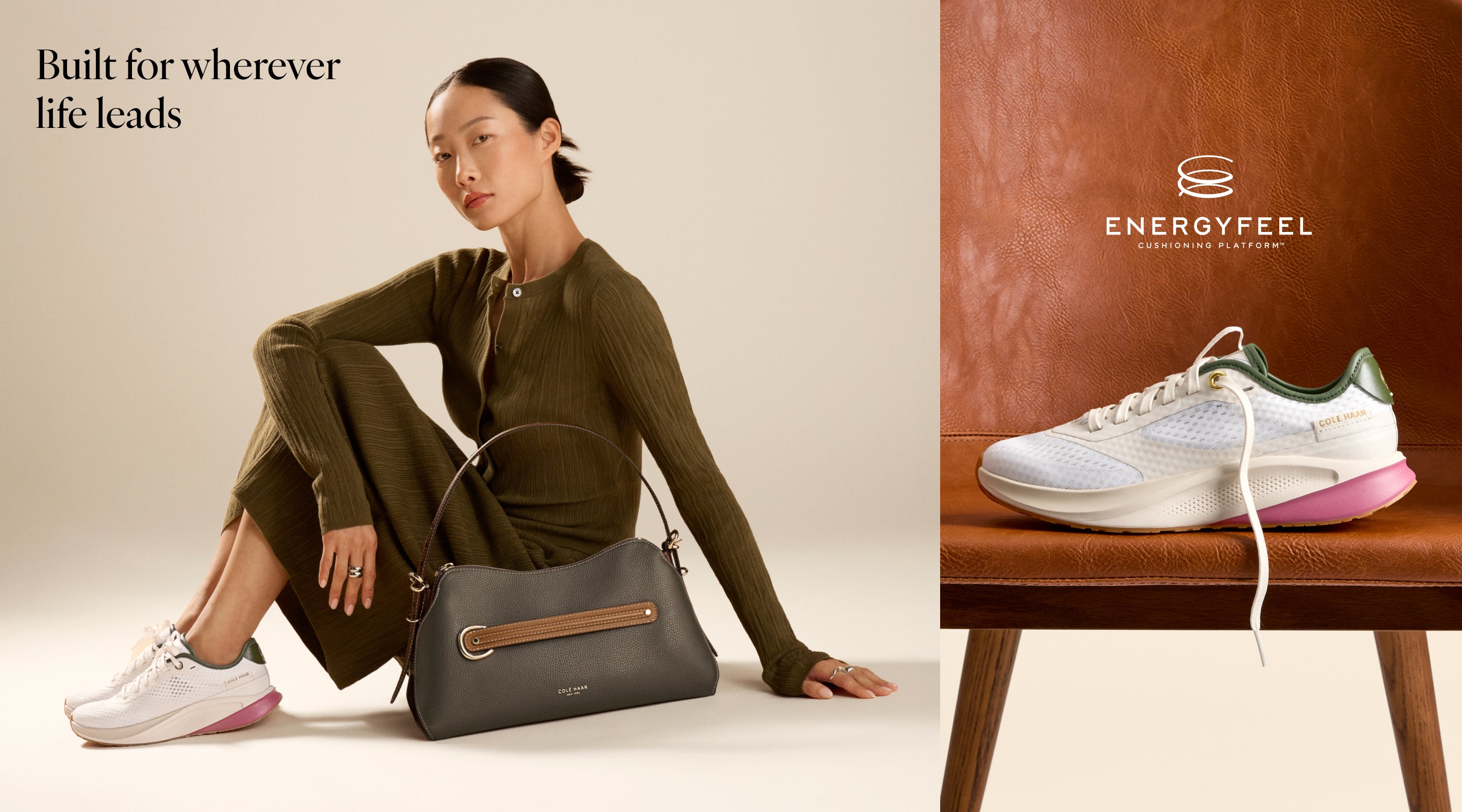 A split promotional image showing a woman seated on the left in an olive green outfit and white sneakers, and a white sneaker on a wooden stool against a brown background on the right.