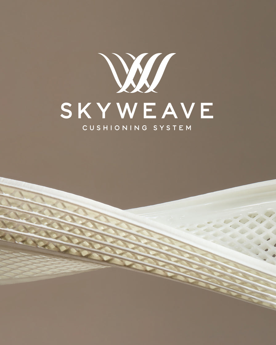 Skyweave cushioning system with logo on a brown background