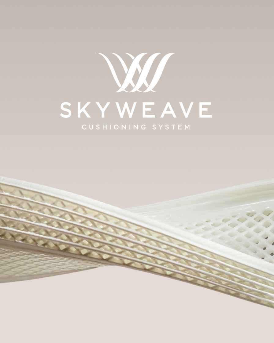 Skyweave cushioning system with logo on a light background