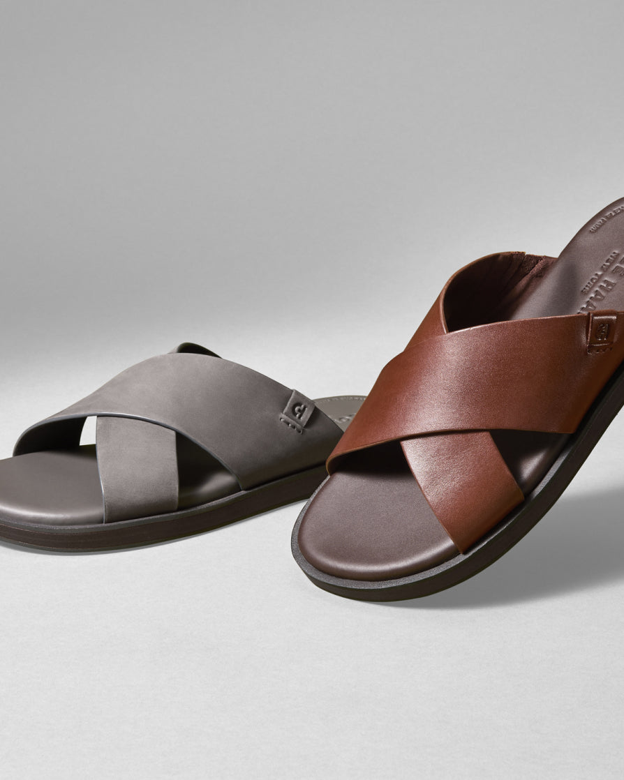 Brown and gray sandals on a light gray background