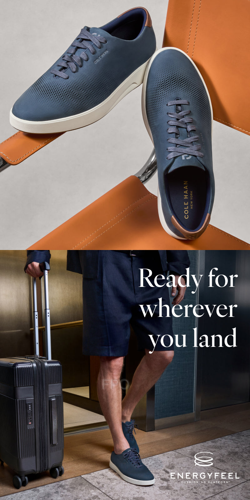 Collage of blue sneakers with a person holding a suitcase, featuring Cole Haan branding.