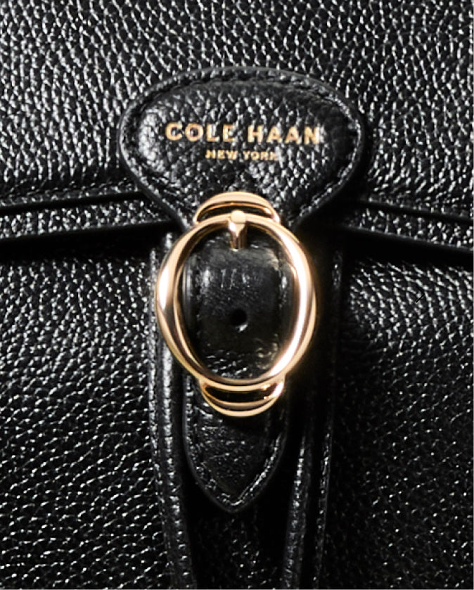 Black leather handbag with gold clasp and 'Cole Haan' branding.
