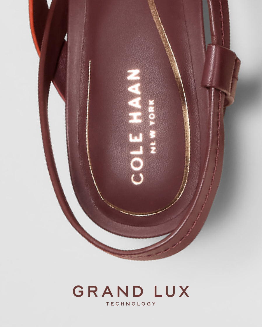 Maroon sandal with Cole Haan branding on a light gray background