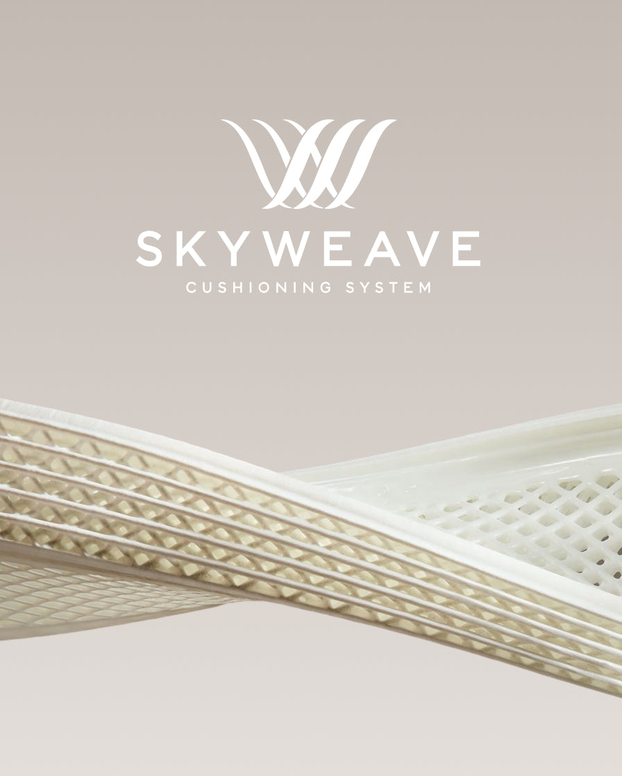 Skyweave cushioning system with logo on a light background
