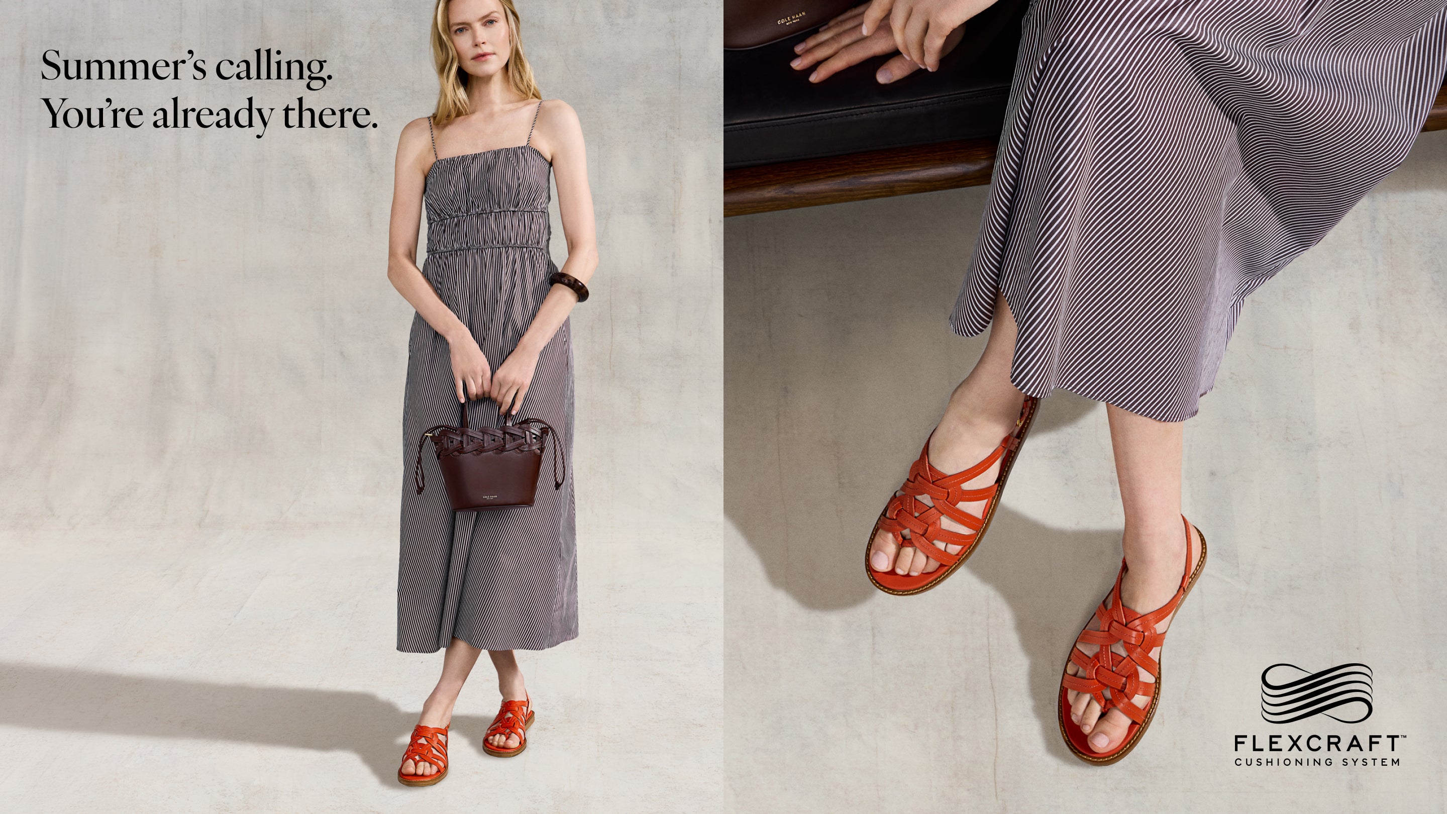 Woman in gray dress with orange sandals, Flexcraft logo visible