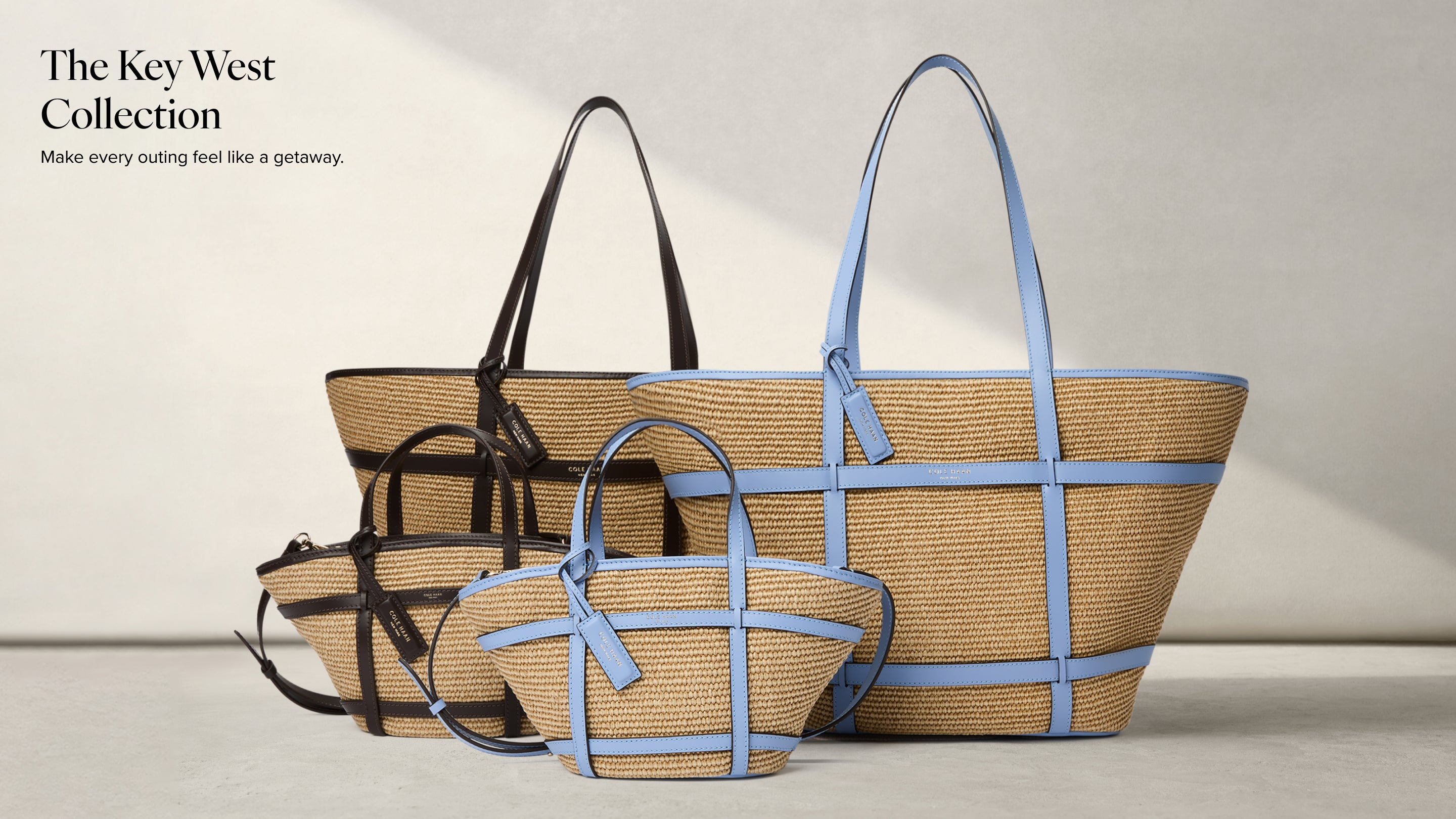 Set of woven bags with blue straps on a light background, featuring 'The Key West Collection' text.