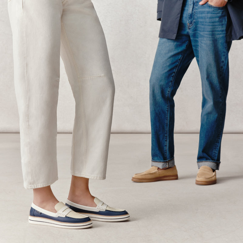Men's brown loafers and women's blue loafers
