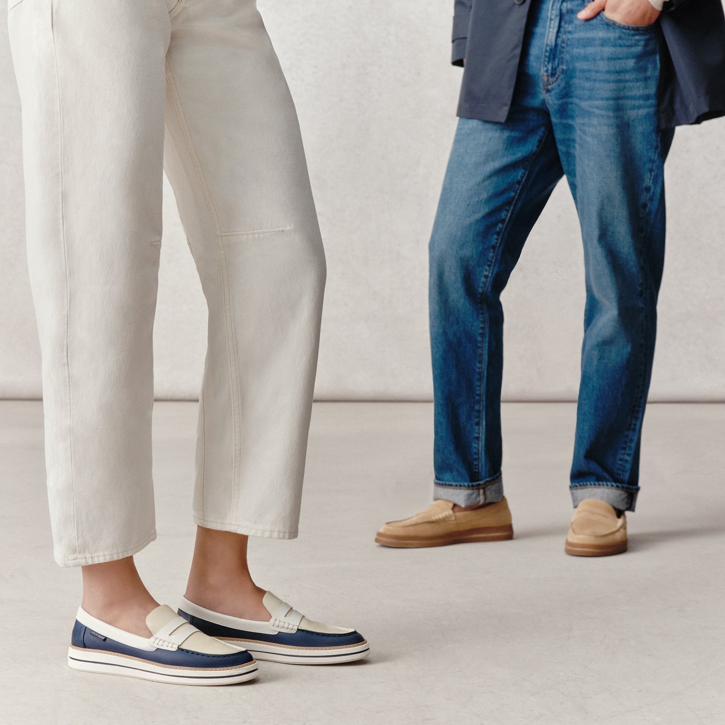 Men's brown loafers and women's blue loafers