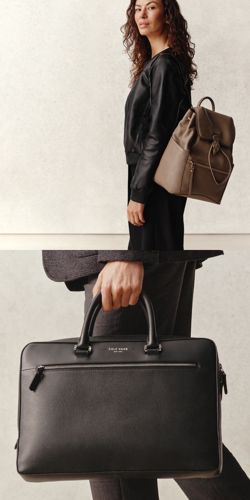 Woman holding a black leather briefcase with a beige backpack on a plain background