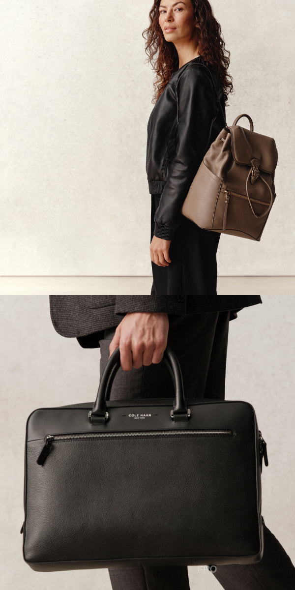 Woman holding a black leather briefcase with a beige backpack on a neutral background