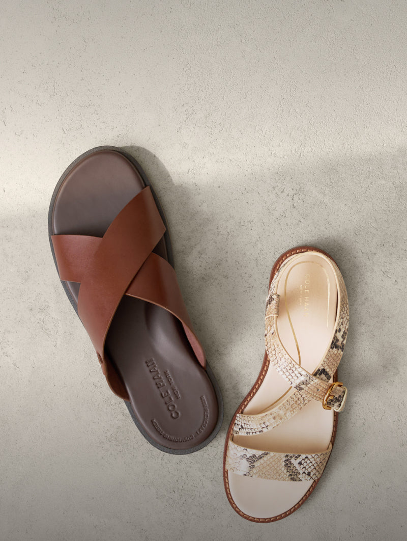 Men's brown sandal and women's snakeprint beige sandal