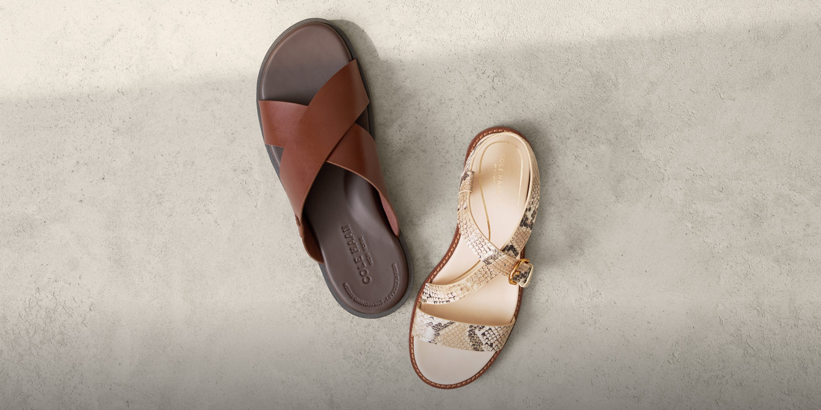 Men's brown sandal and women's snakeprint beige sandal