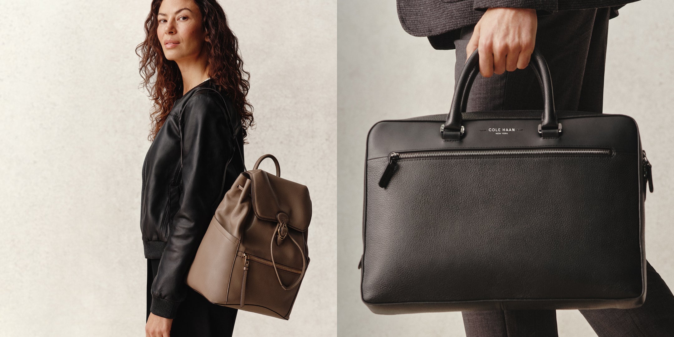 Woman holding a beige backpack and a black briefcase with a visible brand logo.