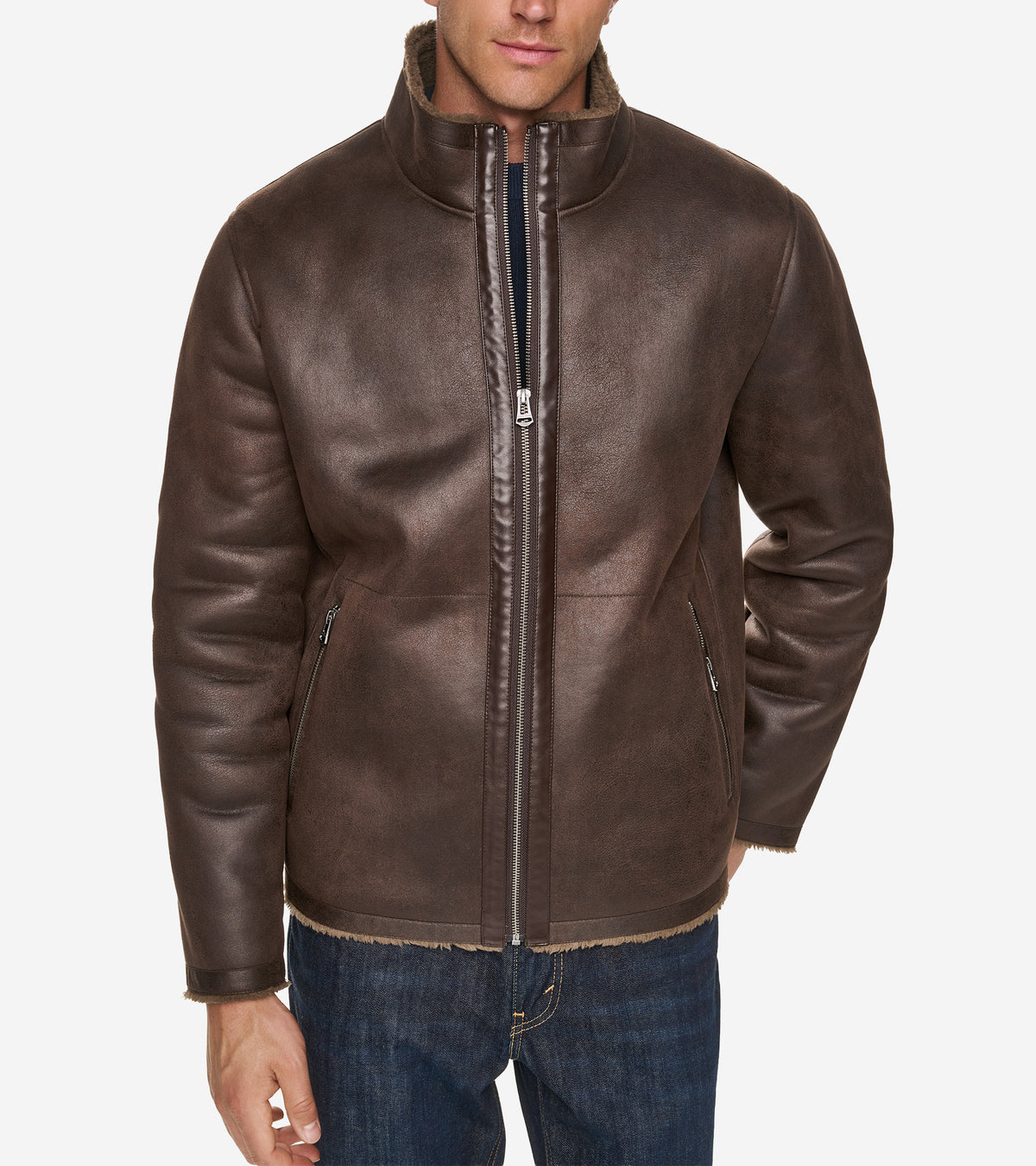 Men's Faux Shearling Jacket-Dark Brown