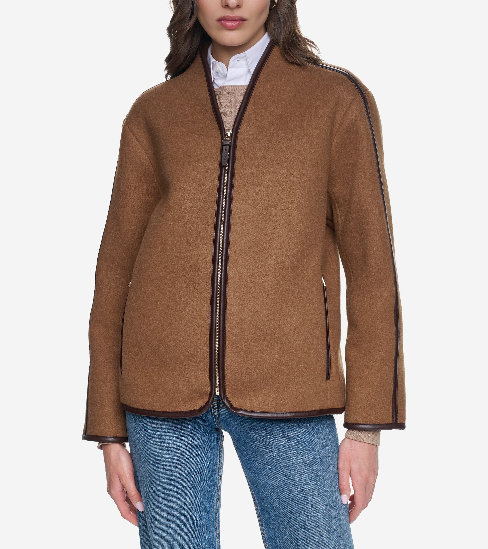 Women's Faux Wool Shearling Jacket-Cognac