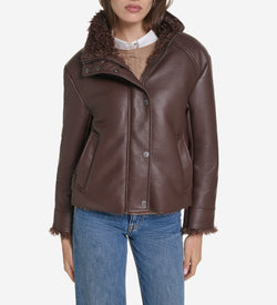 Women's Faux Long Hair Shearling Jacket-Brown