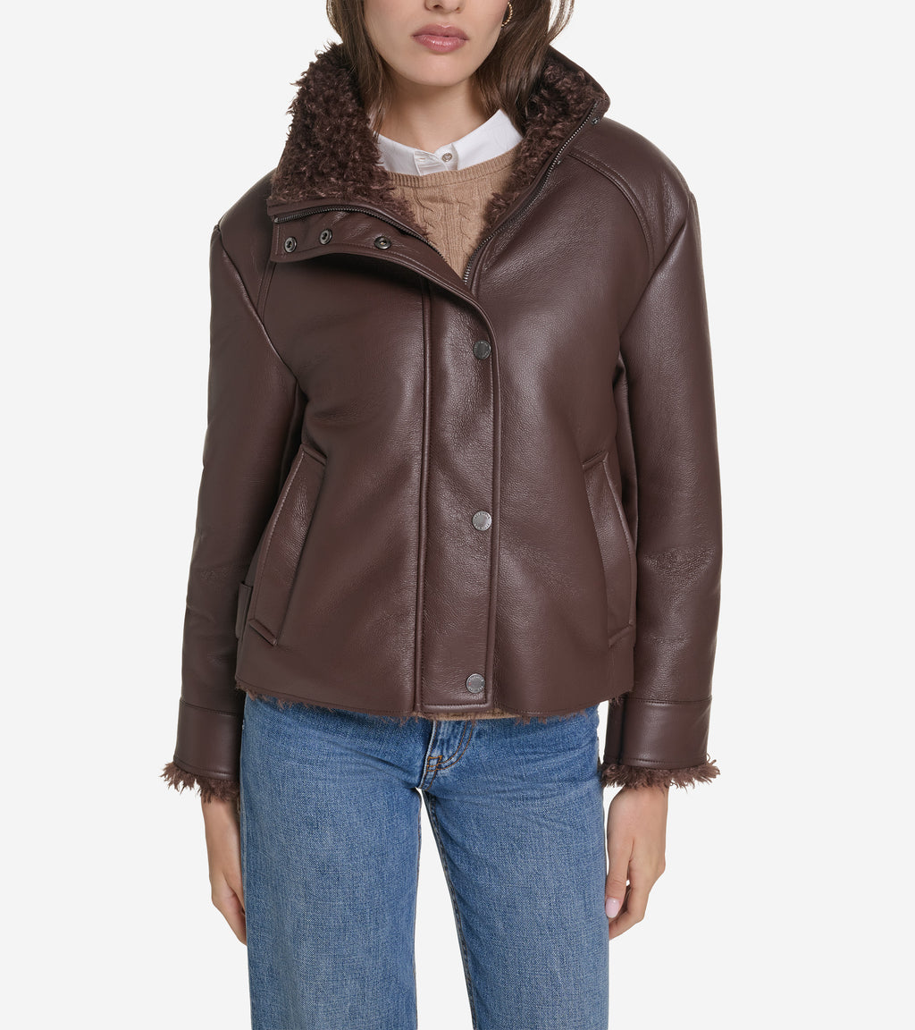 Women's Faux Long Hair Shearling Jacket-Brown
