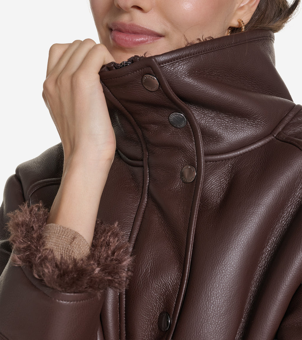 Women's Faux Long Hair Shearling Jacket-Brown