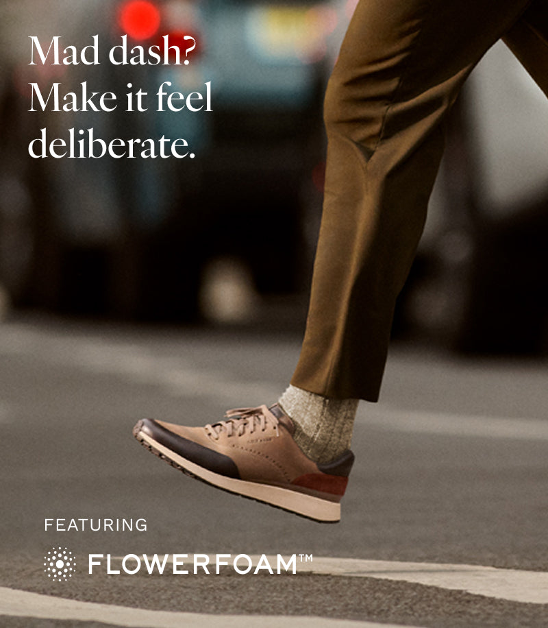 Person walking on a street with text 'Mad dash? Make it feel deliberate.' and Flowerfoam logo.