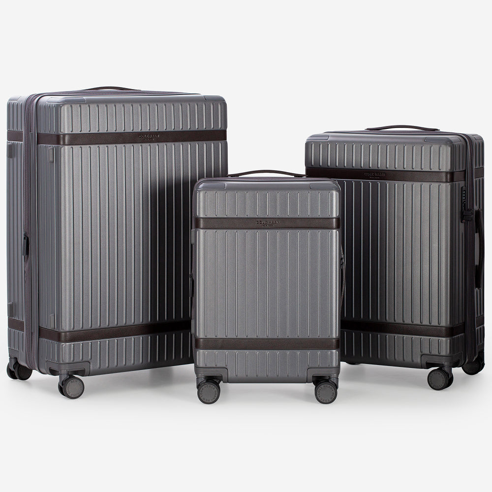 Three gray suitcases of different sizes on a white background
