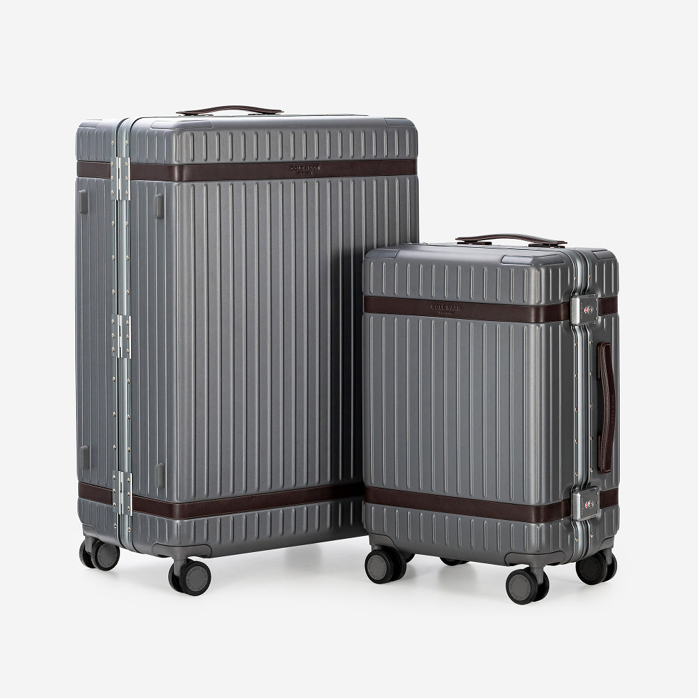 Two hard-shell spinner suitcases in metallic silver with dark brown trim, shown on a clean light gray background.