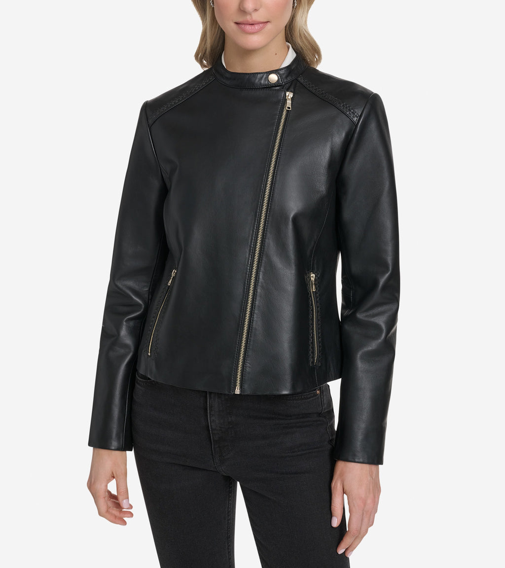 Women's Leather Racer Jacket-Black