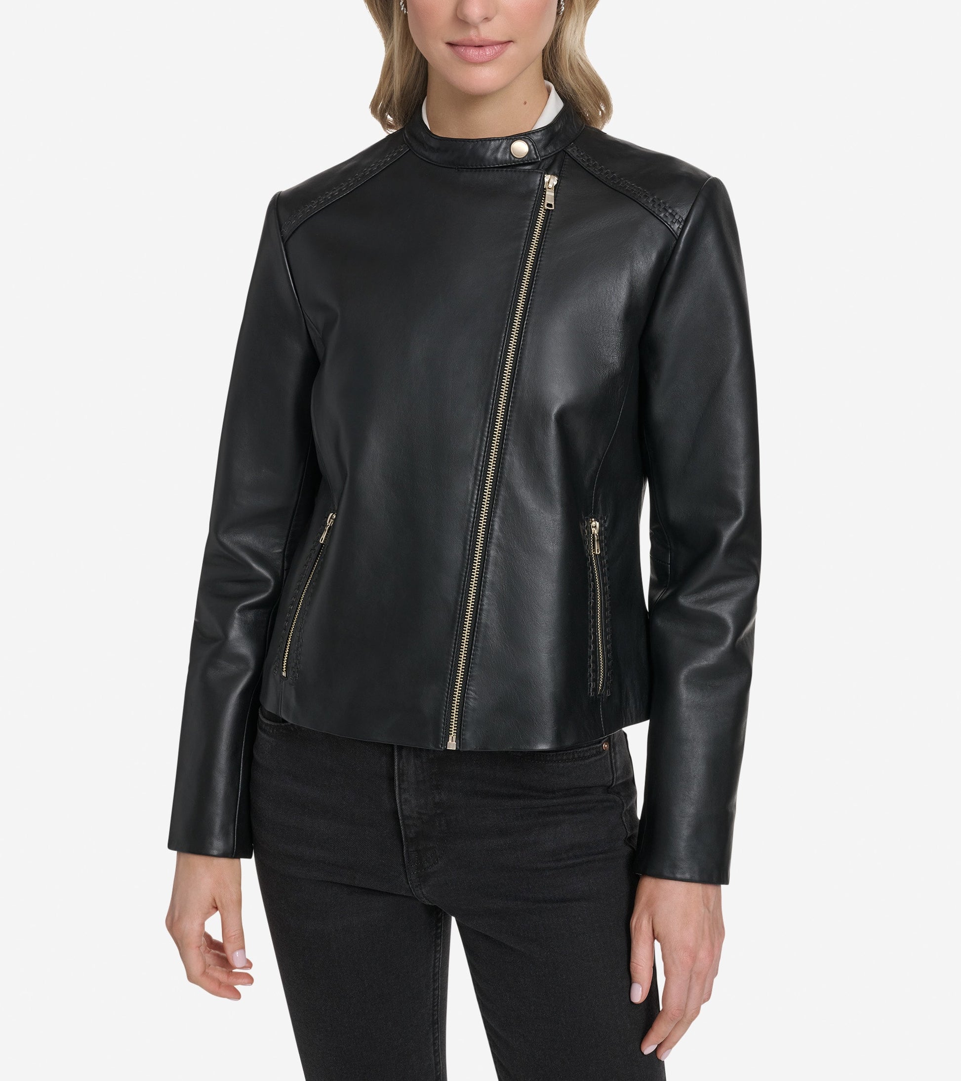 Women's Leather Racer Jacket-Black